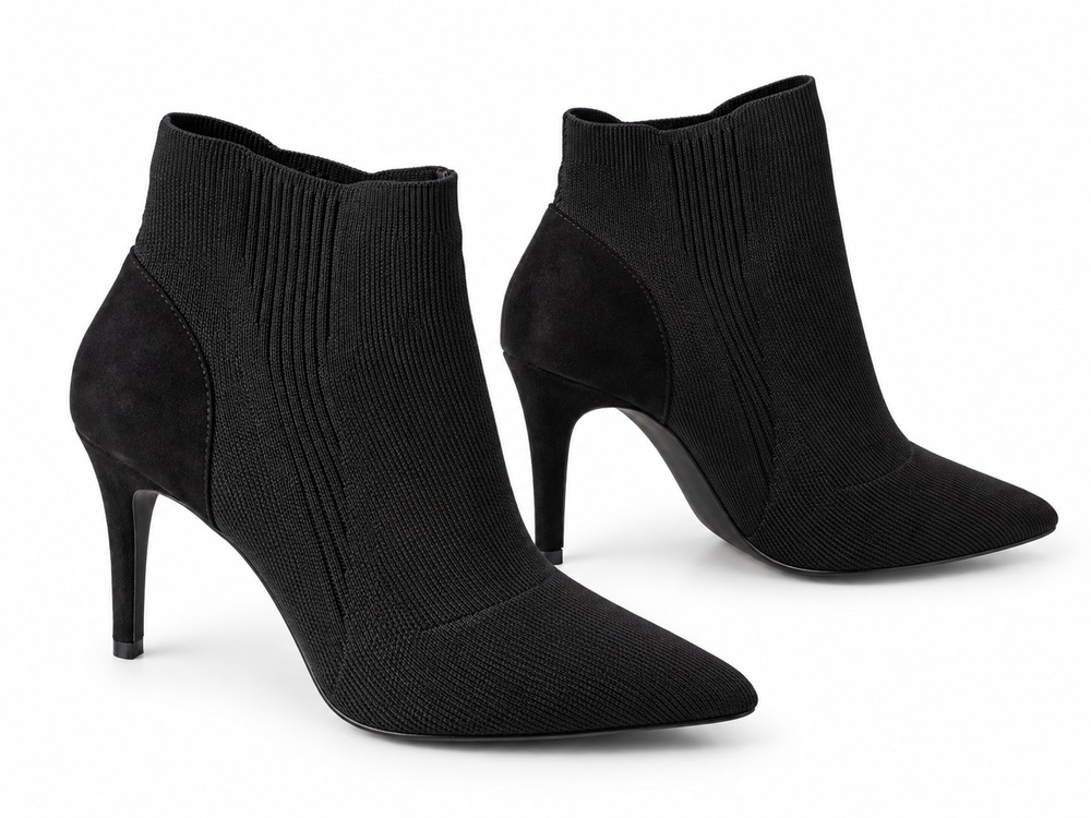 Women’s Black Knit Sock Ankle Boots Pointed Toe Stiletto Heel Size 9W Wide